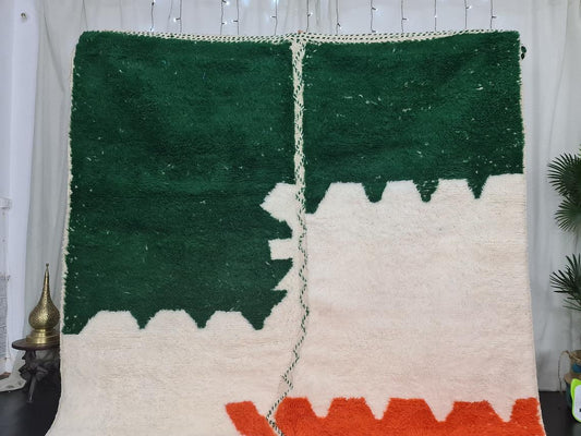 MOROCCAN HANDMADE Rug-Beni Ourain Rug-Sheep Wool Rug-Abstract Rug-White and Orange Rug-Azilal Rug- Handmade Berber Carpet-Moroccan Wool Rug.