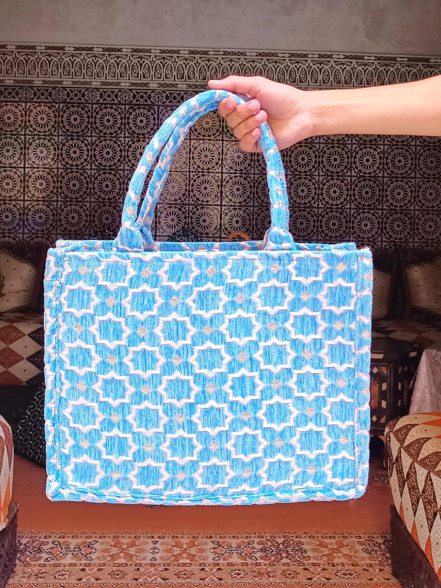 Handmade Moroccan Tote Bag with Zellij Tile Design, Large Durable Tote for Everyday Use, Unique Cultural Gift, Eco-Friendly Beach Bag