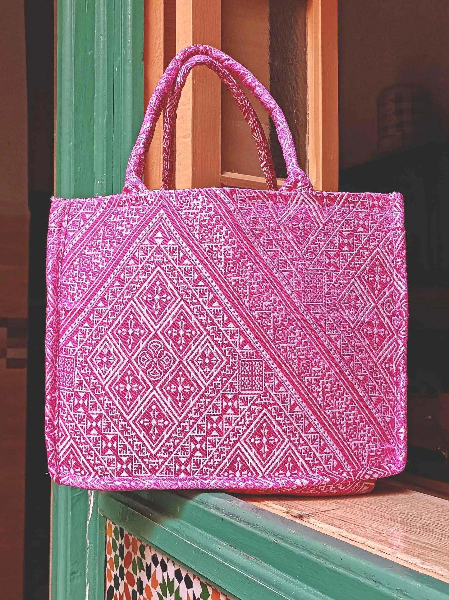 Handmade Wool Tote Bag with Moroccan Amazigh Patterns – Colorful Bags for Women, Weekender, Beach Bag