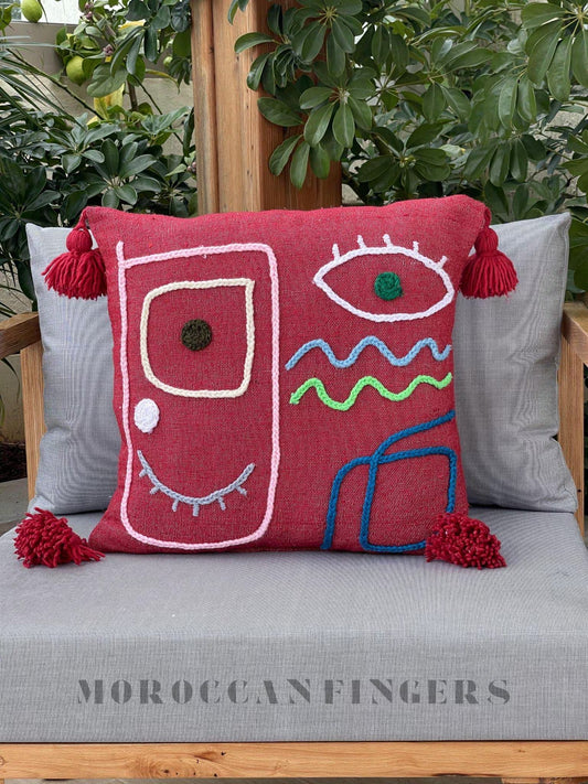 Abstract Face Pillow Covers 18X18 – Set of 2 Boho Cushion Covers, Handwoven Recycled Cotton, Handmade in Morocco