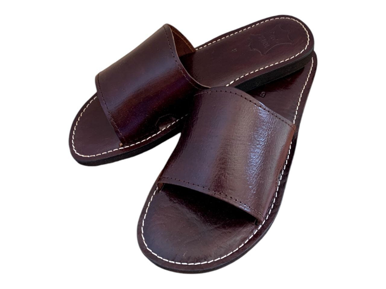 Handmade Brown Genuine Leather Slides Sandals for Men, Cozy Open-Toe Indoor and Outdoor Slippers, Leather Sandals Men, Comfortable Sandals