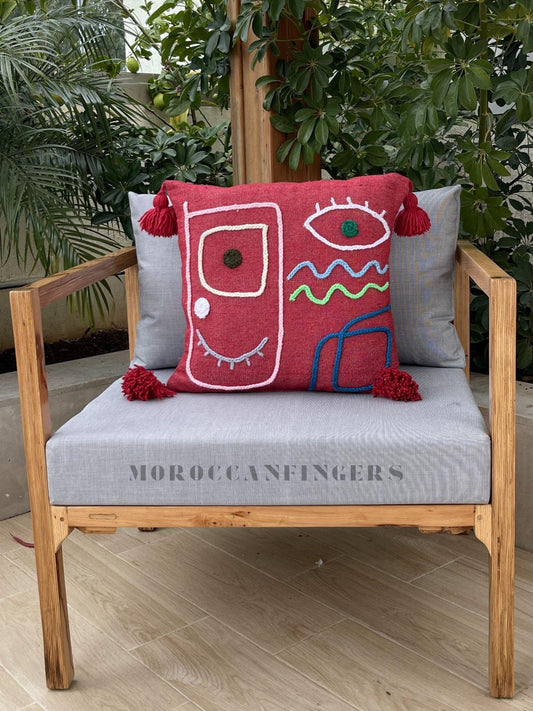 Abstract Face Pillow Covers 18X18 – Set of 2 Boho Cushion Covers, Handwoven Recycled Cotton, Handmade in Morocco