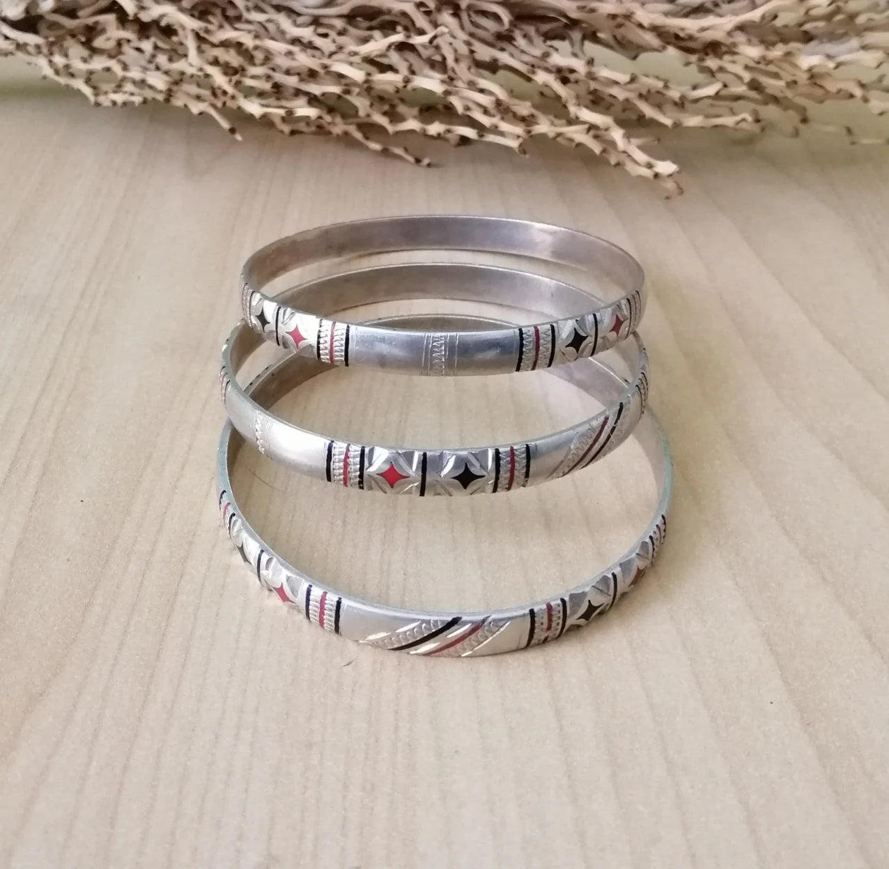 Set of 3 Tuareg Silver Bangles with Decorative Enamel