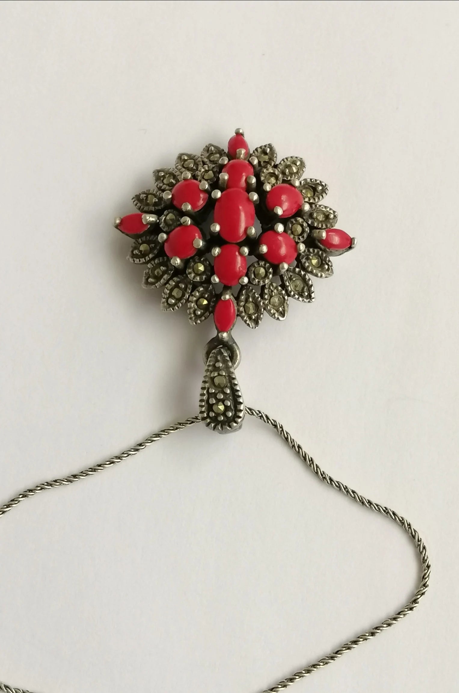 Red Resin and Sterling Silver 'Victoriana' Pendant