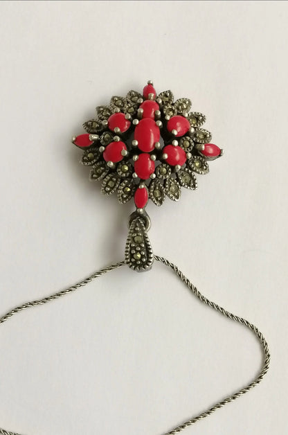 Red Resin and Sterling Silver 'Victoriana' Pendant