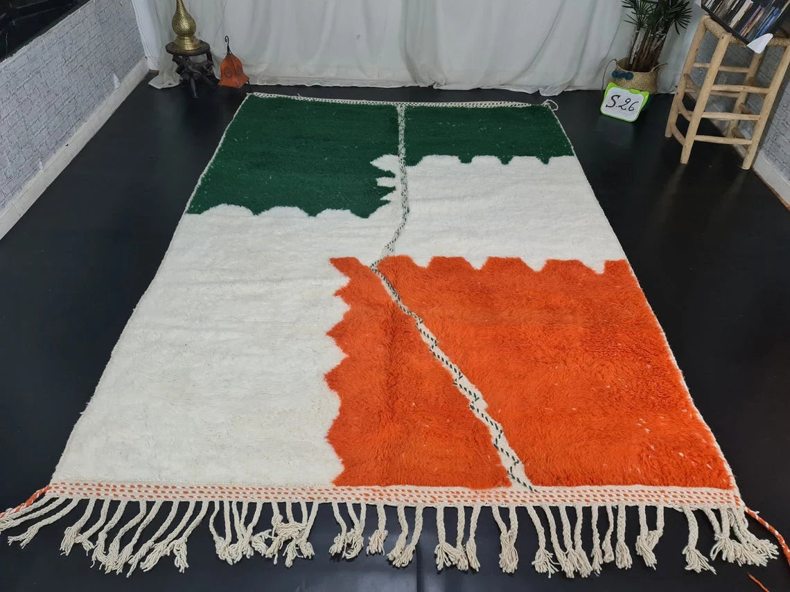MOROCCAN HANDMADE Rug-Beni Ourain Rug-Sheep Wool Rug-Abstract Rug-White and Orange Rug-Azilal Rug- Handmade Berber Carpet-Moroccan Wool Rug.