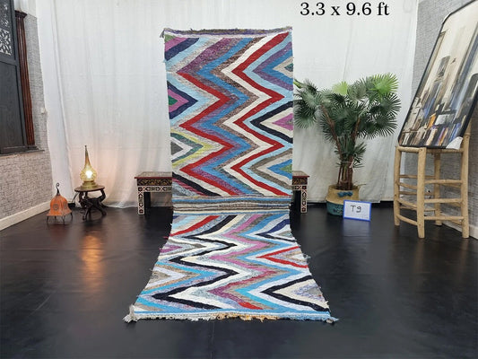 STUNNING ZANAFI RUG, Handmade Moroccan Rug 3X9, Flat Berber Rug, Zanafi Bouchrouit Rug, Geometric Rug, Red and Blue Rug, Sheep Wool Rug.