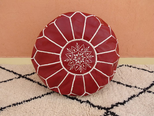 Stuffed Garnet Moroccan Leather Pouf - Handmade Genuine Leather - Ottoman Footstool Hassock - 100% Real Natural Leather Pouffe