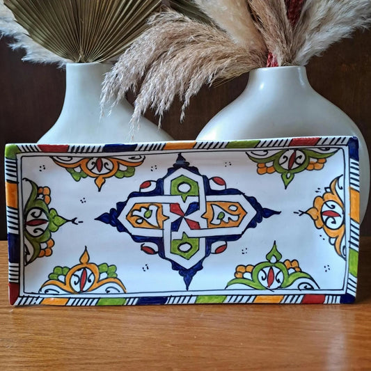 Hand-Painted Moroccan Rectangular Ceramic Dish – Colorful Serving Plate, Tapas Tray, Tableware, Boho Kitchen Decor
