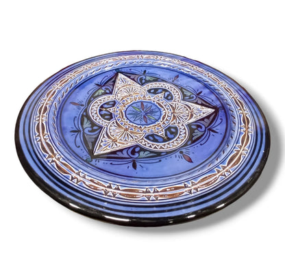 Moroccan Hand-Carved Pottery Plate: Artisanal 35Cm Serving Dish, Bohemian Decor, Intricate Design, Authentic Tableware, Exquisite Ceramics