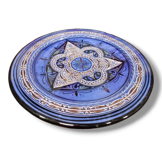 Moroccan Hand-Carved Pottery Plate: Artisanal 35Cm Serving Dish, Bohemian Decor, Intricate Design, Authentic Tableware, Exquisite Ceramics