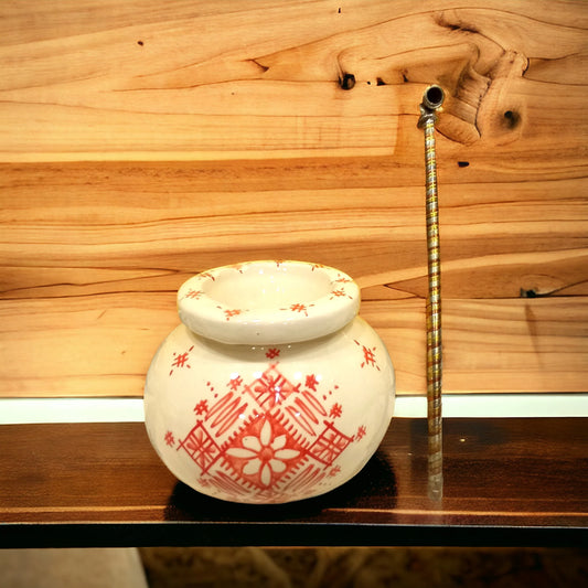 Moroccan Ceramic Ashtray with Berber Desgine Painted by Hand Unique Ashtray, Decorative Ashtray, Red and White Ashtray with Handmade Pipe