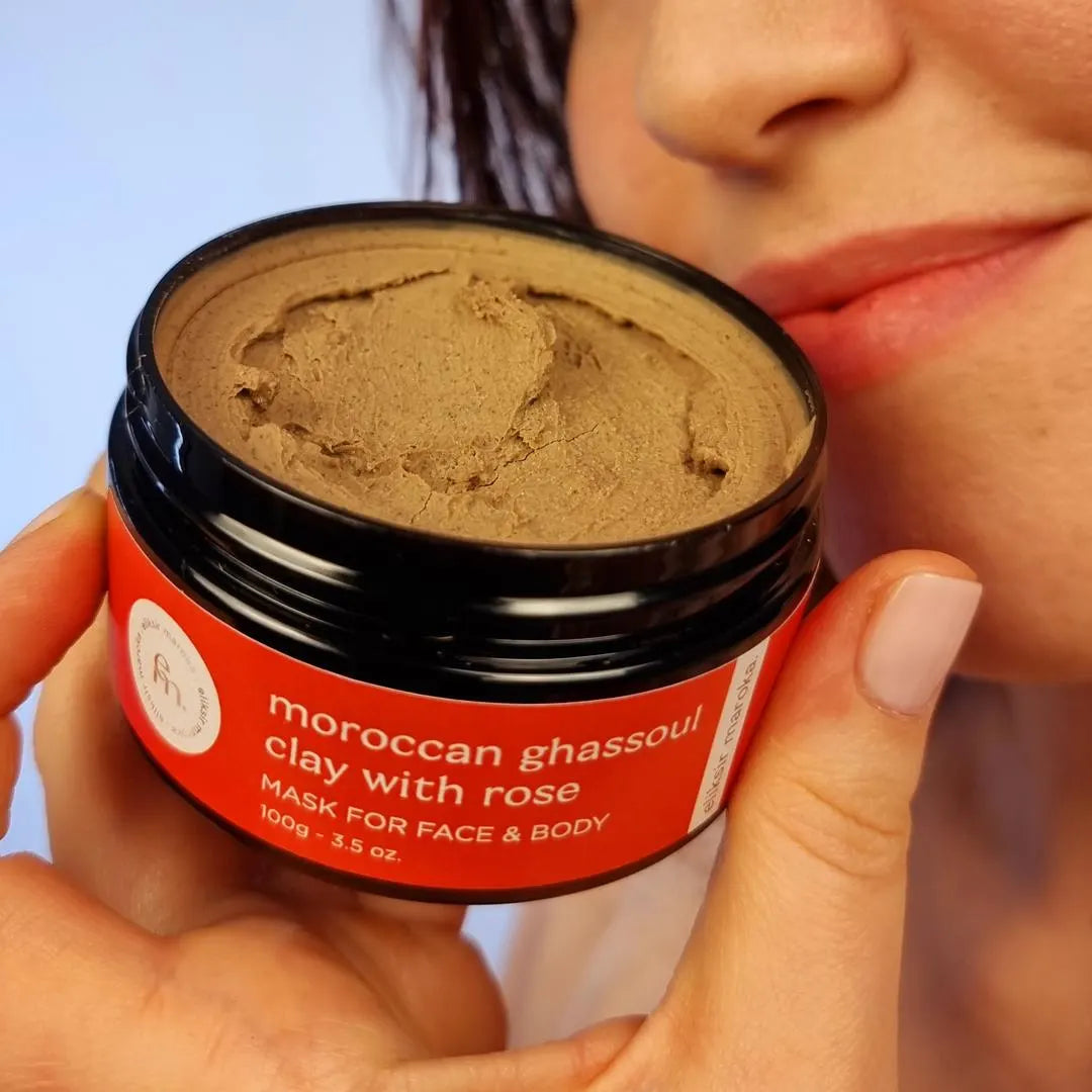 Authentic Moroccan Ghassoul Clay Mask with Rose - Natural Rhassoul Mud for Face, Hair & Body - Detoxifying, Purifying, Nourishing Skincare