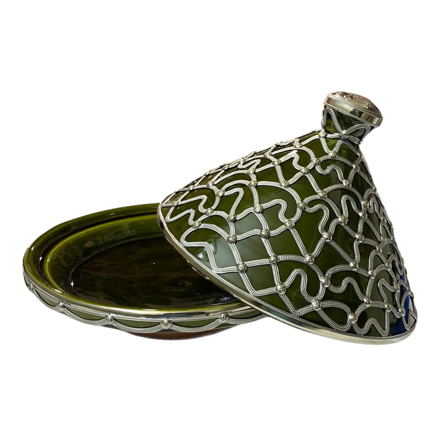 A Handmade and Hand-Painted Moroccan Tagine Dish, Encrusted with Maillechort.