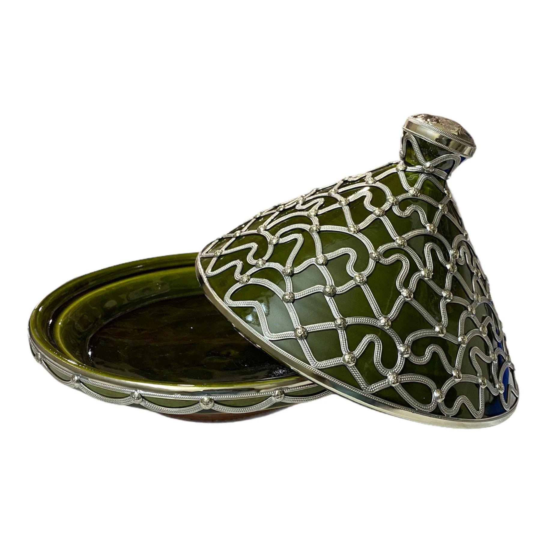 A Handmade and Hand-Painted Moroccan Tagine Dish, Encrusted with Maillechort.