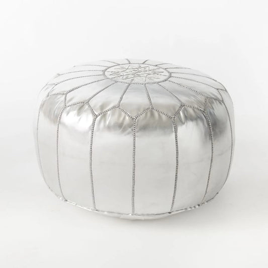 Pouf Marocain Métallique Rembourré - Pouf Marocain Argenté - Pouf Fait À La Main - Pouf Déco Marocain - Tabourets Ottomans De Luxe (Argent)