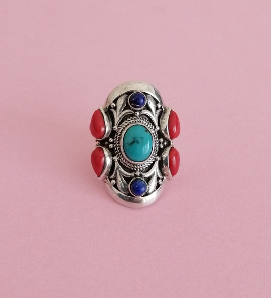 American Indian Turquoise Coral and Lapis Silver Ring