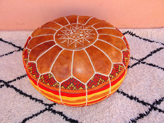 Moroccan Footstool Pouf Made of Leather and Cloth - Moroccan Ottoman Pouf from Genuine Leather - Decor Home