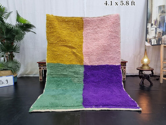 BENI OURAIN RUG 4X5, Multi-Color Moroccan Rug, Tribal Wool Rug, Fluffy Berber Carpet, Geometric & Funky Area Rug, Handmade Pink Boho Rug.