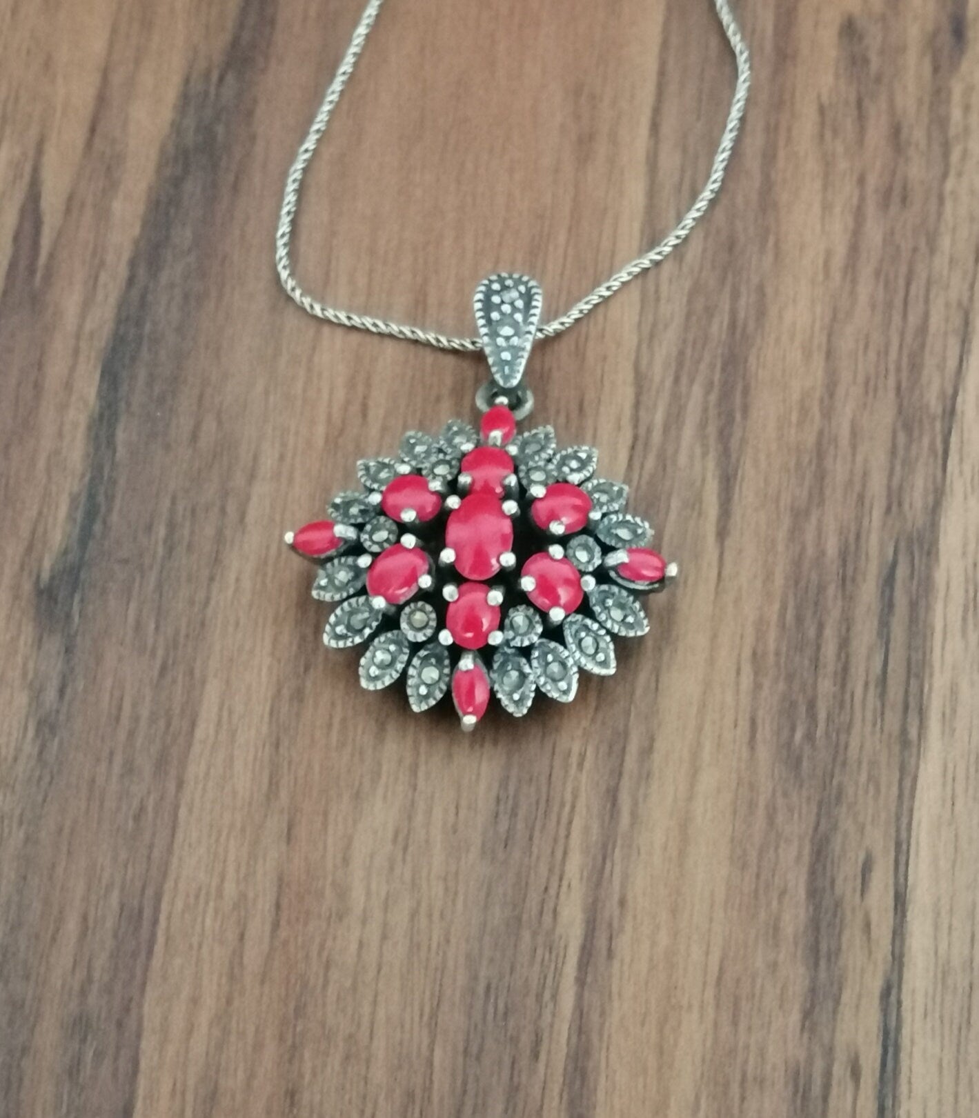 Red Resin and Sterling Silver 'Victoriana' Pendant