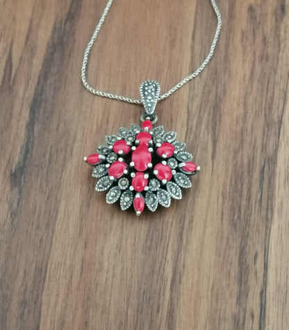 Red Resin and Sterling Silver 'Victoriana' Pendant