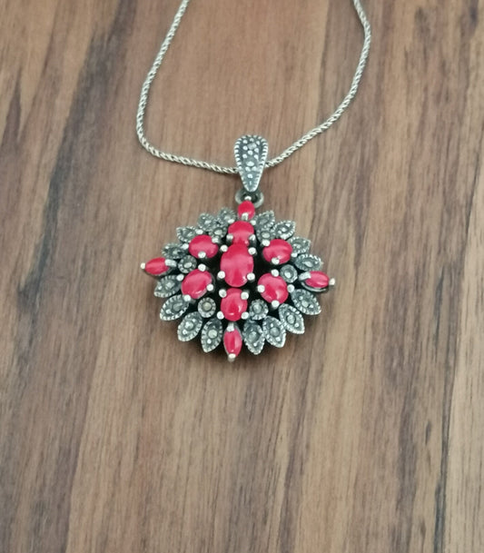 Red Resin and Sterling Silver 'Victoriana' Pendant