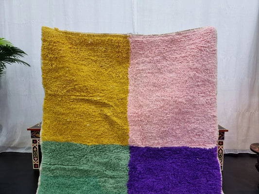 BENI OURAIN RUG 4X5, Multi-Color Moroccan Rug, Tribal Wool Rug, Fluffy Berber Carpet, Geometric & Funky Area Rug, Handmade Pink Boho Rug.