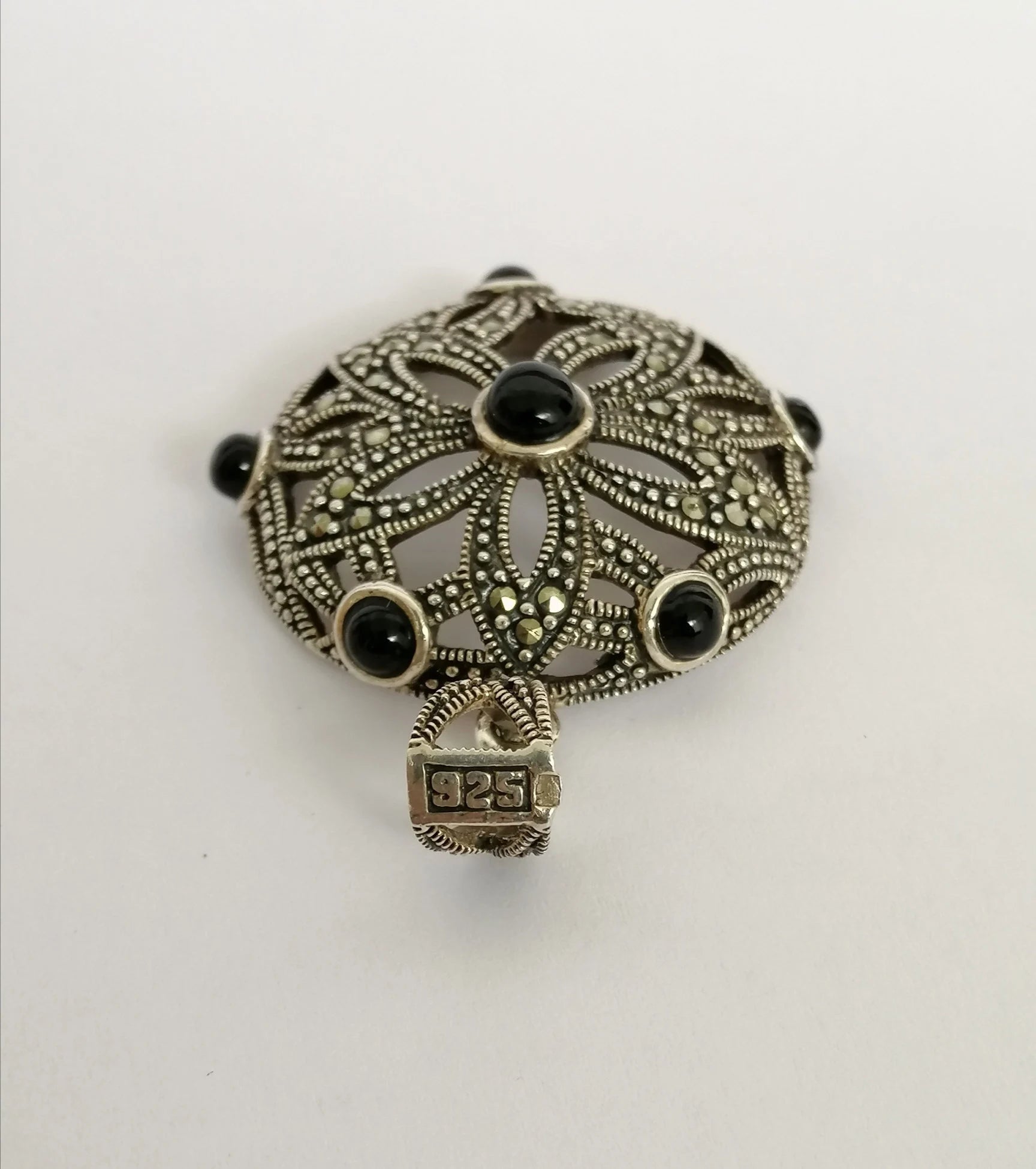 Retro Deco-Style Sterling Silver and Onyx Pendant