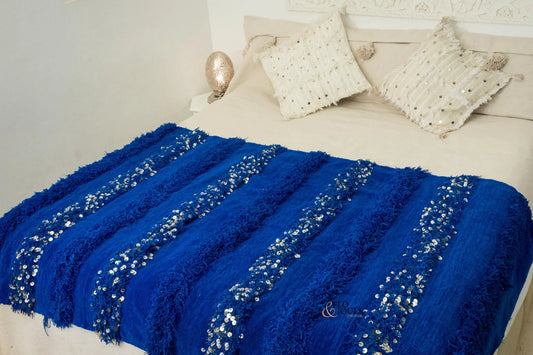 Handira Wedding Blanket | Moroccan Handmade Luxury Throw, Handira Blue Majorelle with Sequins, Berber Rugs, Carpet, Woven Bed Throw Blanket