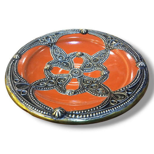 Moroccan Wall Hanging Plate 21Cm - Handcrafted Ceramic with Metal Design Housewarming Gift, Moroccan Style Wall Art, Unique Moroccan Plate