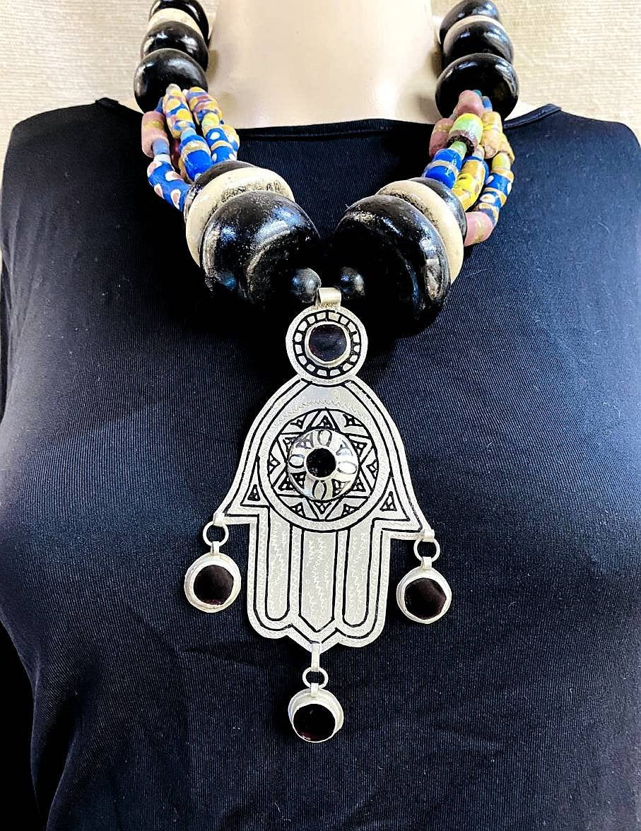 Berber Necklace, Amber Necklace, Old Berber Necklace. Khamssa Necklace