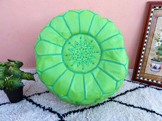 Light Kelly Green Leather Pouf with Top Embroidery, Moroccan Ottoman Poof Green Color, Luxury Kelly Green Ottoman Footstools.