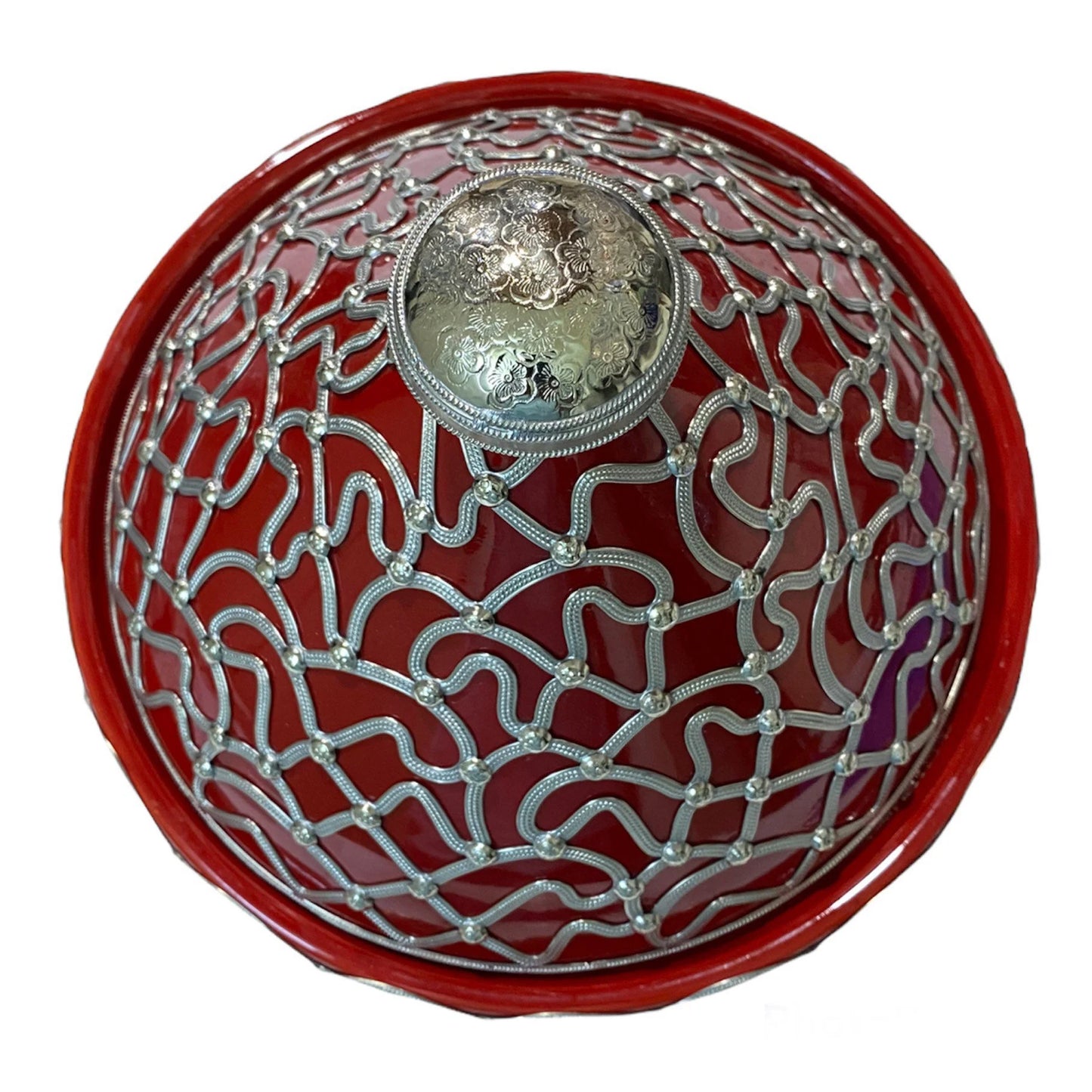 A Handmade and Hand-Painted Moroccan Tagine Dish, Encrusted with Maillechort.