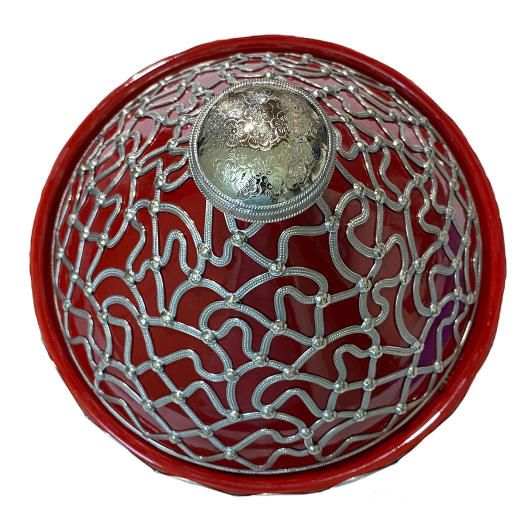 A Handmade and Hand-Painted Moroccan Tagine Dish, Encrusted with Maillechort.