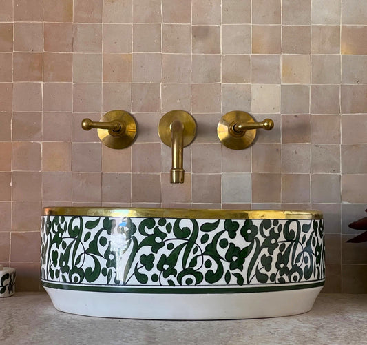 Antique Sink with Brass Rim Edge, Vessel Sink, Sink Bowl, Green Ceramic Basin, Hand Wash Basin, Free Gift INCLUDED