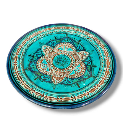 Moroccan Hand-Carved Pottery Plate: Artisanal 35Cm Serving Dish, Bohemian Decor, Turqoise Plate Home Decor Traditional Plate Dinnerware Dish