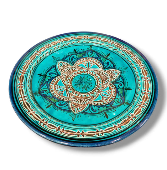 Moroccan Hand-Carved Pottery Plate: Artisanal 35Cm Serving Dish, Bohemian Decor, Turqoise Plate Home Decor Traditional Plate Dinnerware Dish
