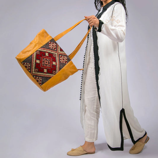 Tote Carpet Leather Bag - Handmade Women'S Fashion Cross-Body Handbag, Unique Gift for Her, Stylish Havana Leather Tote