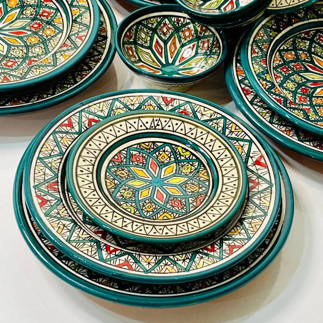 Authentic Moroccan Hand Painted Ceramic Dinnerware Set, Green Handmade Serving Set, Tableware Collection, Dinnerware Set