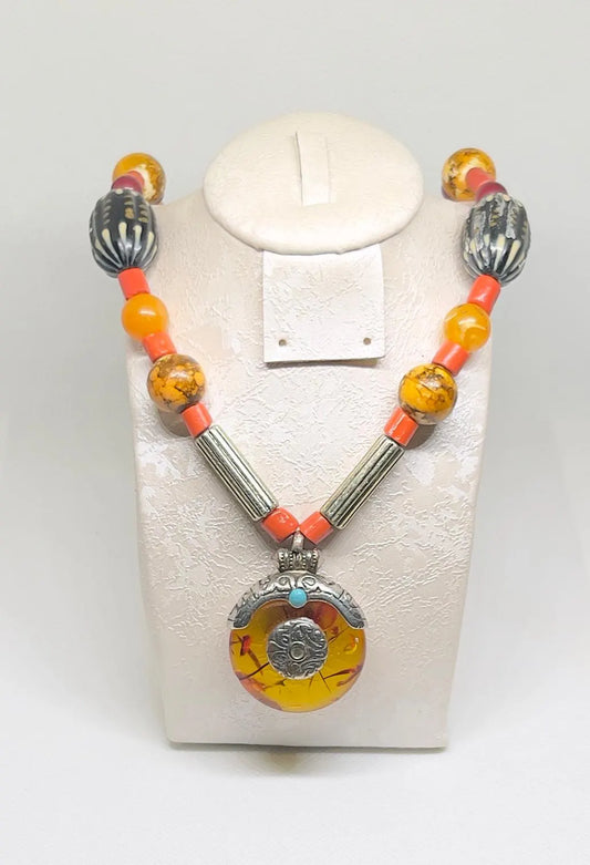 Vintage Bohemian Necklace - Antique Amber Coral Bead - Boho Pendant Necklace - Tribal Beaded Necklace - Gift for Her or Him