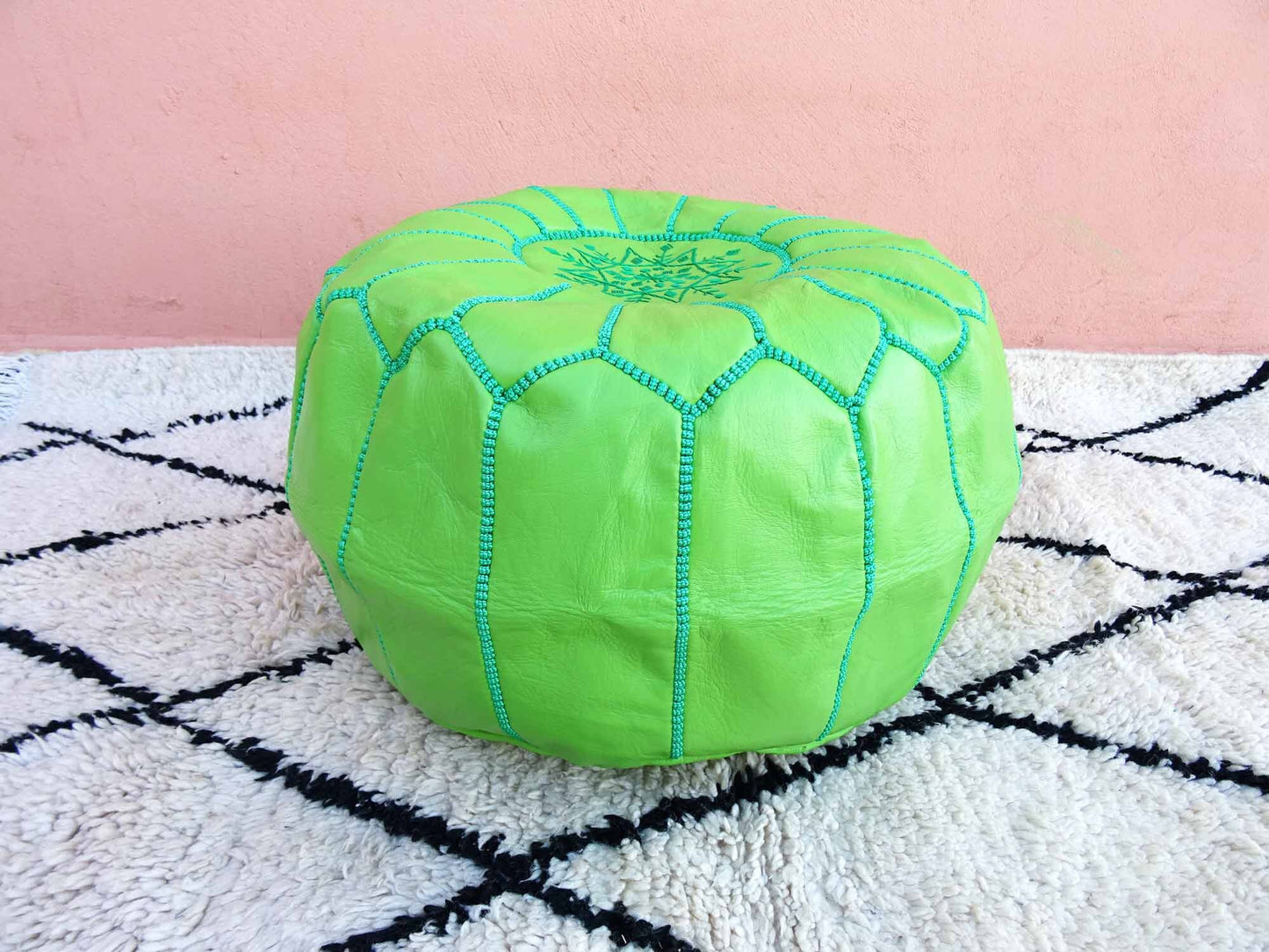 Light Kelly Green Leather Pouf with Top Embroidery, Moroccan Ottoman Poof Green Color, Luxury Kelly Green Ottoman Footstools.