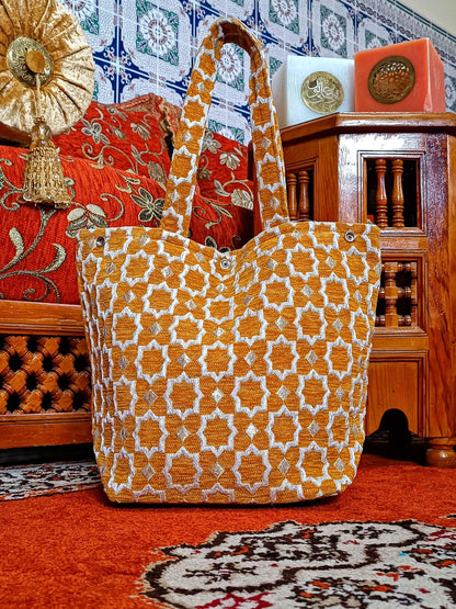 Moroccan Handmade Tote Bag | Everyday Durable Wool Handbag | Handmade Fashion Tote for Work & Outings | Stylish Moroccan Tile Design