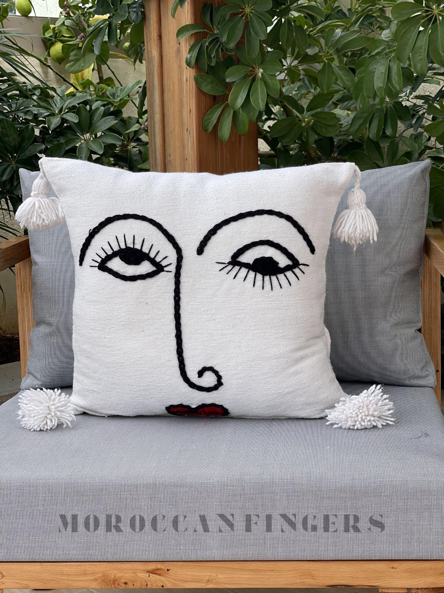 Set of 2 Line Art Pillow Covers – 18X18 Abstract Face Cushions, Handwoven Boho Decor, Recycled Cotton, Moroccan Handmade