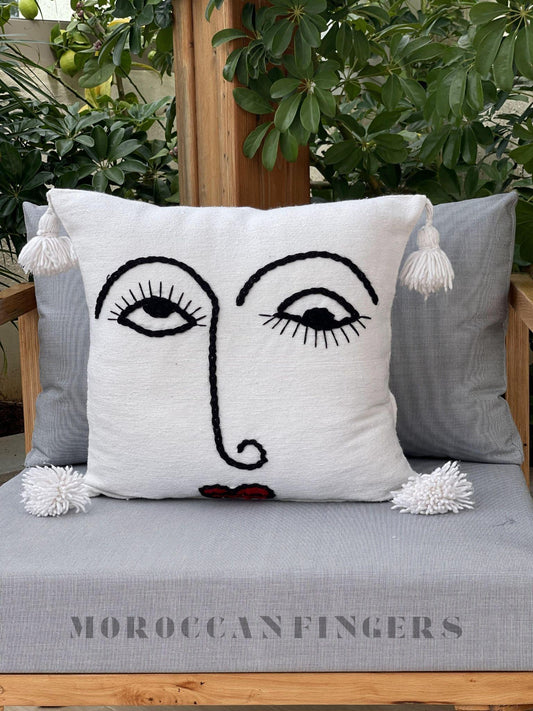 Set of 2 Line Art Pillow Covers – 18X18 Abstract Face Cushions, Handwoven Boho Decor, Recycled Cotton, Moroccan Handmade