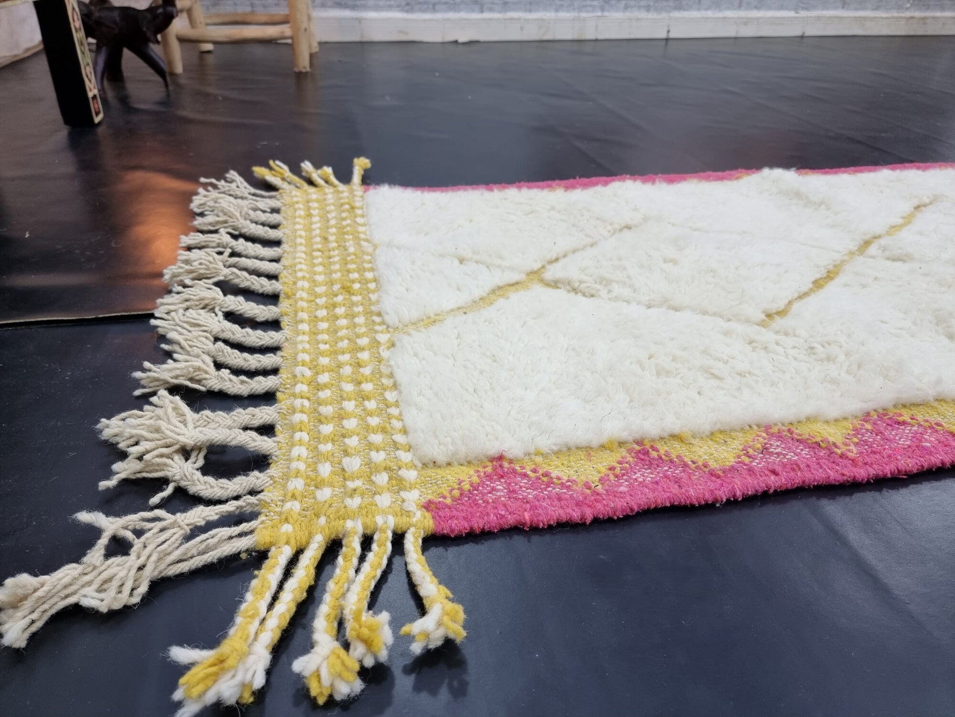 CUTE BENIOURAIN RUG, Handmade Rug 2X10, Pink & Mustard Runner Rug, Berber Wool Rug, Geometric Wool Rug, Runner Rug, Area Rug, Handwoven Rug