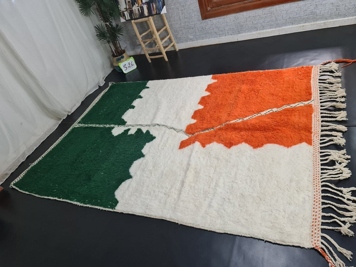 MOROCCAN HANDMADE Rug-Beni Ourain Rug-Sheep Wool Rug-Abstract Rug-White and Orange Rug-Azilal Rug- Handmade Berber Carpet-Moroccan Wool Rug.
