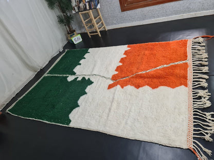 MOROCCAN HANDMADE Rug-Beni Ourain Rug-Sheep Wool Rug-Abstract Rug-White and Orange Rug-Azilal Rug- Handmade Berber Carpet-Moroccan Wool Rug.