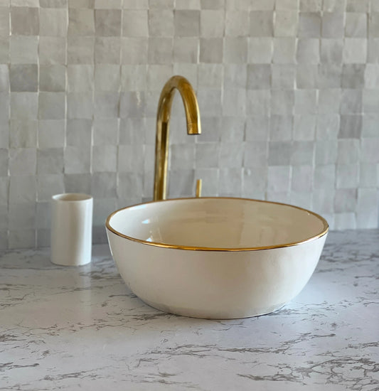 Antique Sink 14K Gold Rim, Set of Vessel Sink, Toothbrush Cup and Soap Dish, 14 Inch Sink Bowl, Ceramic Basin, Free Gift INCLUDED