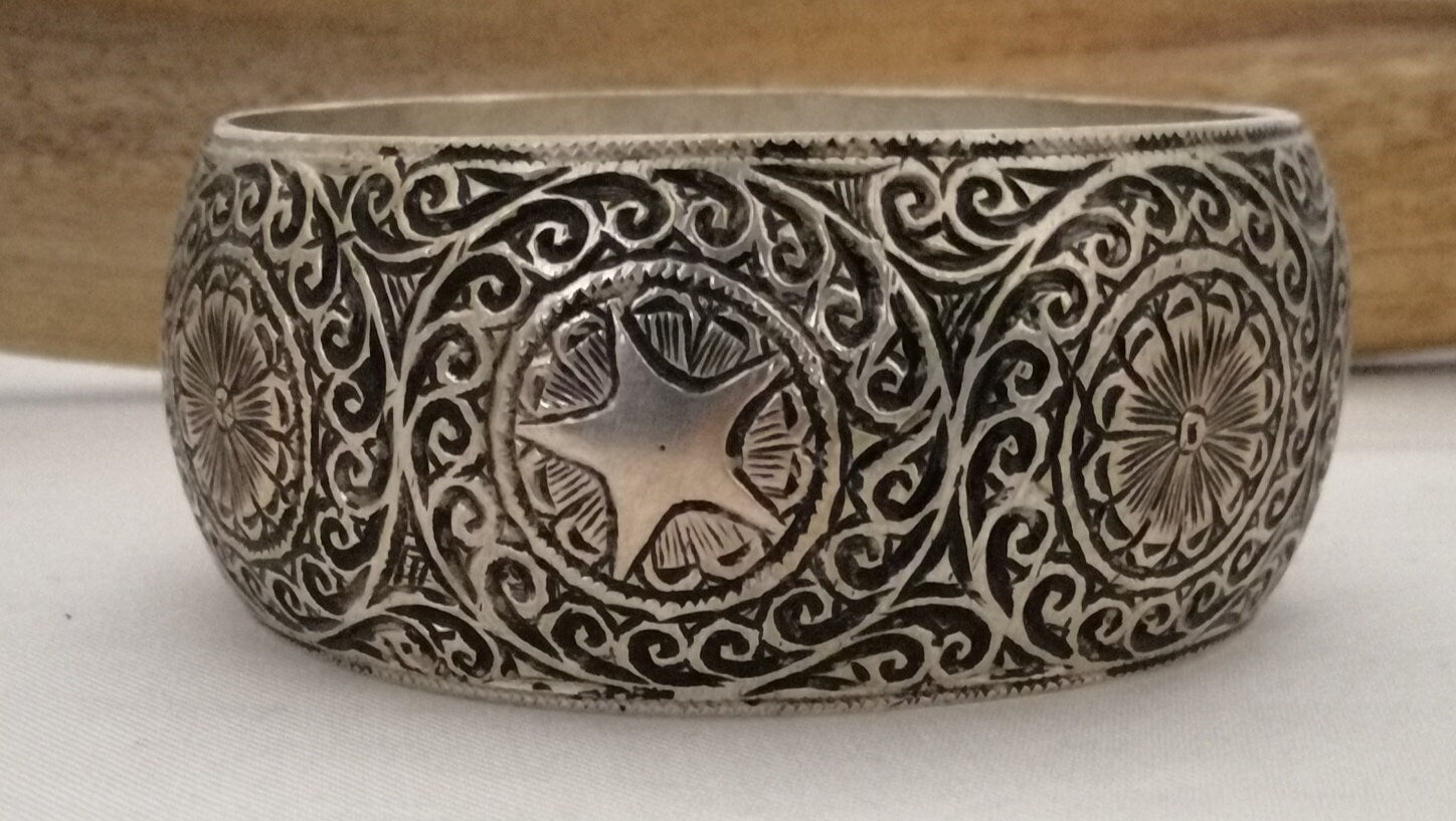Deeply Hand Carved Vintage Berber Silver Bangle