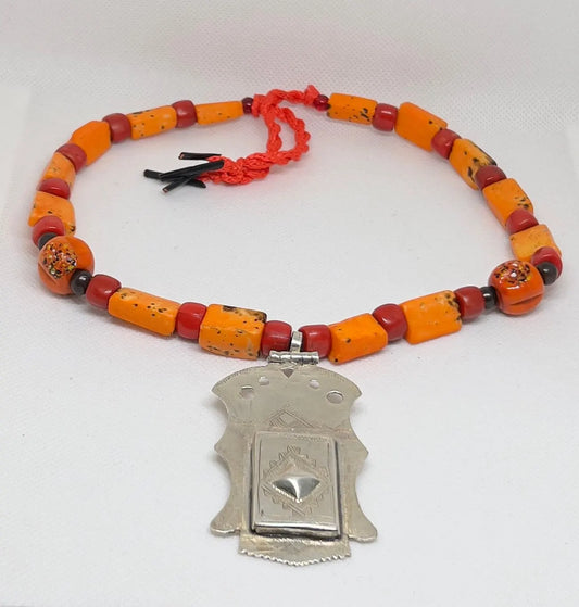 Vintage Silver Berber Coral Necklace, Red Coral Beads with Vintage Tribal Pendant, Handmade African Ethnic Necklace, Gift for Her or Him